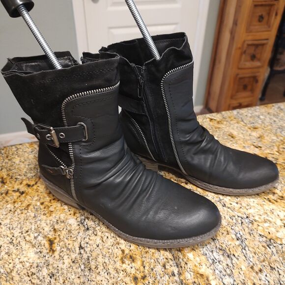 Rieker Berry Buckle Strap Zip Ankle Boots Black Leather Suede Women's Size 9.5 - Picture 2 of 12